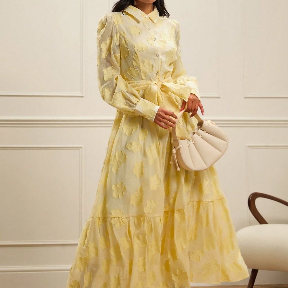 Pale Yellow Casual Womens Jacquard Chiffon Shirt Dress with Collar and Bow Waist